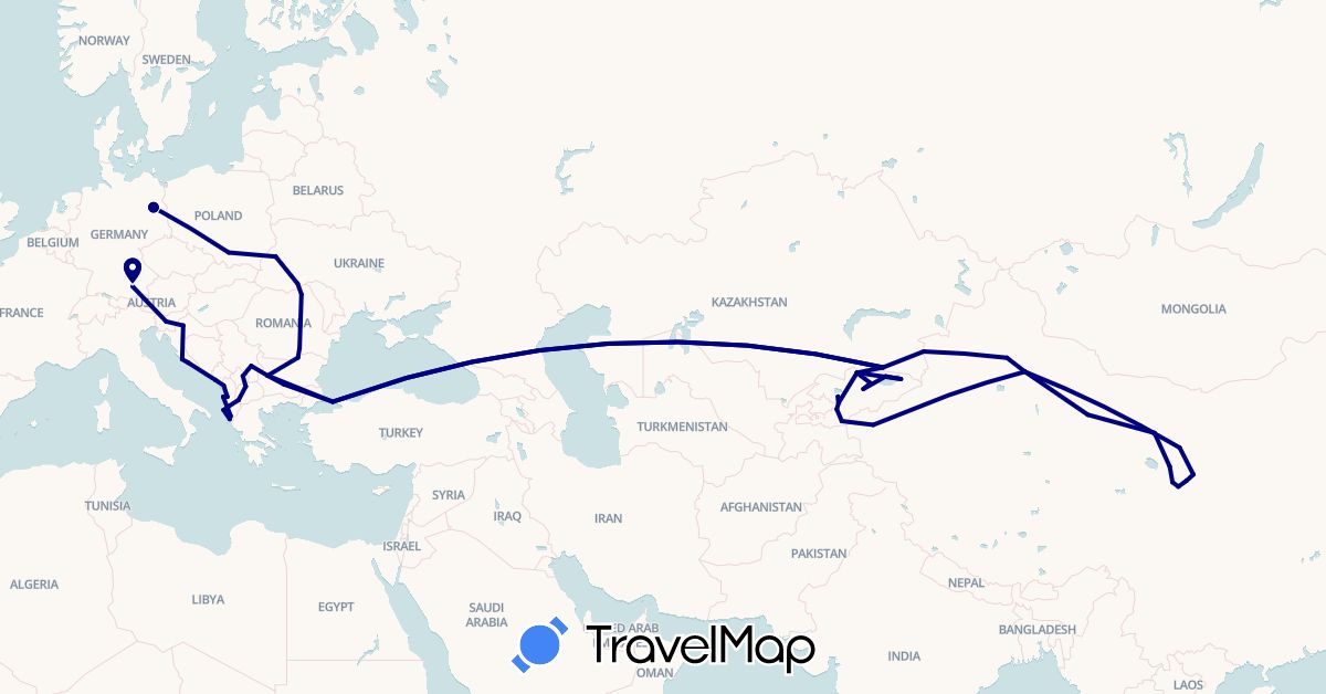 TravelMap itinerary: driving in Albania, Bulgaria, China, Germany, Croatia, Kyrgyzstan, Kazakhstan, Montenegro, Macedonia, Poland, Romania, Serbia, Slovenia, Turkey, Ukraine (Asia, Europe)