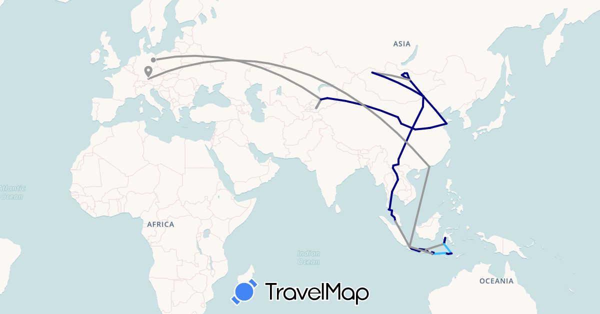 TravelMap itinerary: driving, plane, boat in China, Germany, Hong Kong, Indonesia, Kyrgyzstan, Kazakhstan, Laos, Mongolia, Malaysia, Thailand (Asia, Europe)