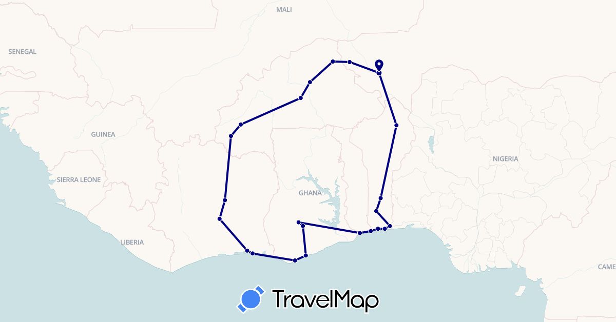 TravelMap itinerary: driving in Burkina Faso, Benin, Côte d'Ivoire, Ghana, Niger, Togo (Africa)
